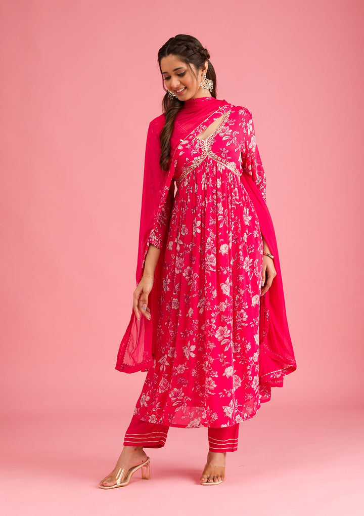Pink Printed Semi Crepe Readymade Salwar Suit-Koskii