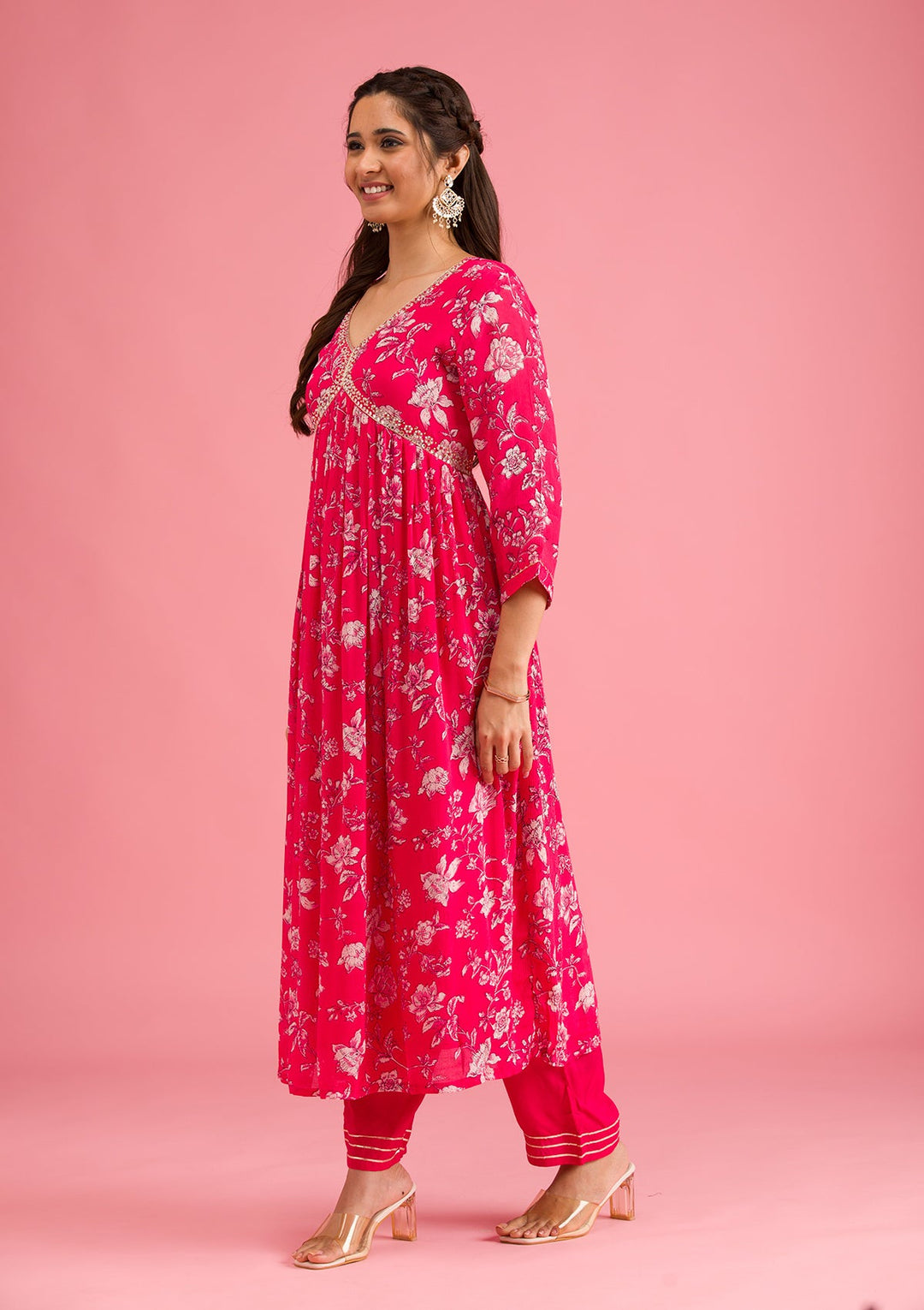 Pink Printed Semi Crepe Readymade Salwar Suit-Koskii