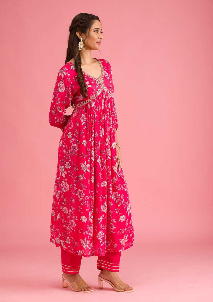 Pink Printed Semi Crepe Readymade Salwar Suit-Koskii