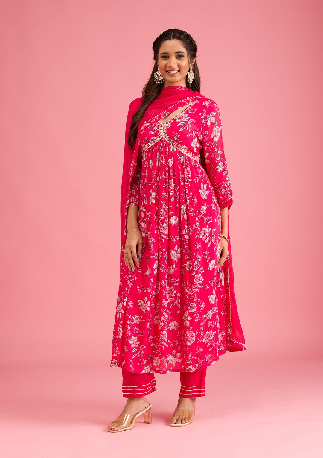 Pink Printed Semi Crepe Readymade Salwar Suit-Koskii
