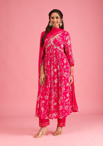 Pink Printed Semi Crepe Readymade Salwar Suit-Koskii