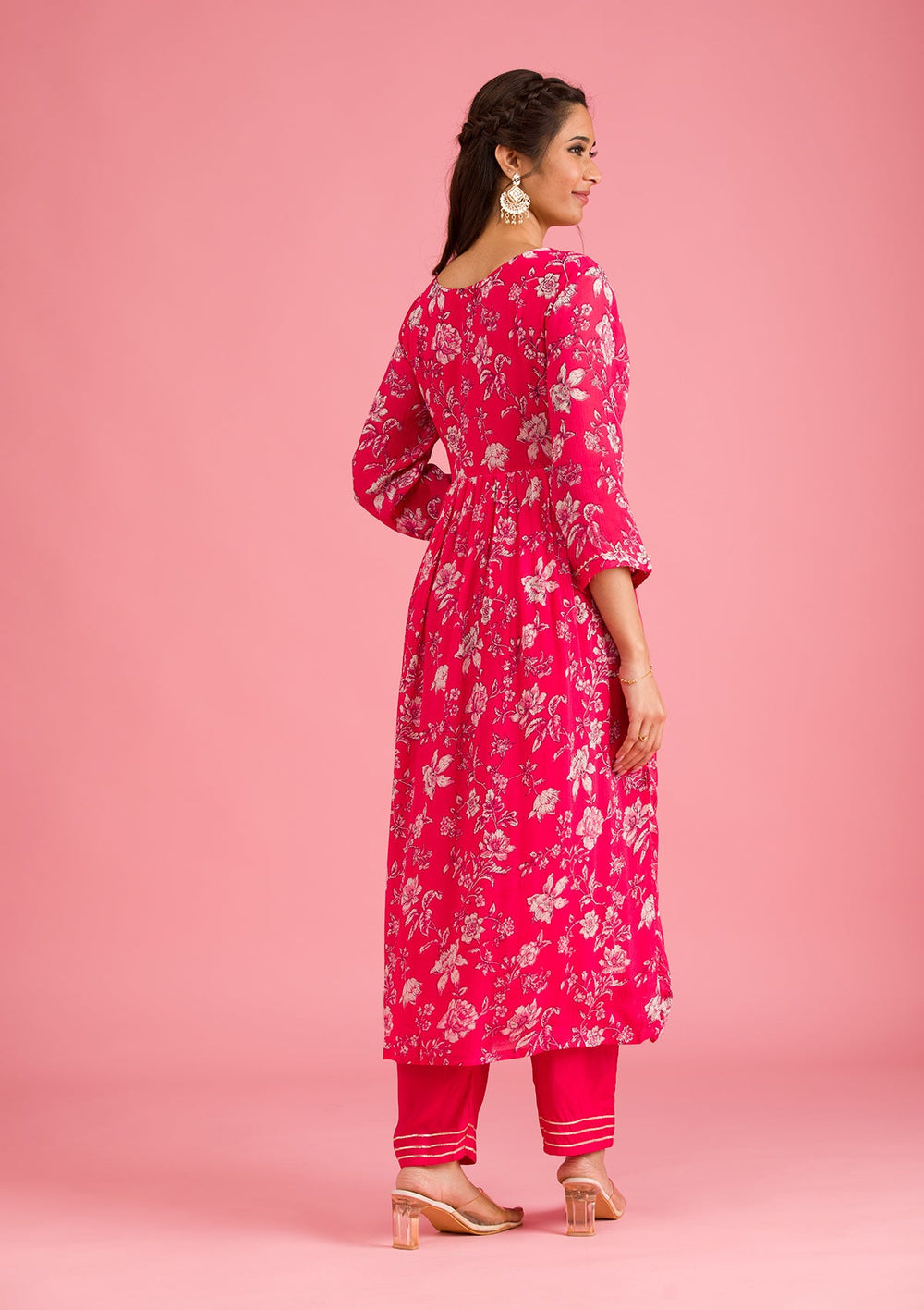 Pink Printed Semi Crepe Readymade Salwar Suit-Koskii