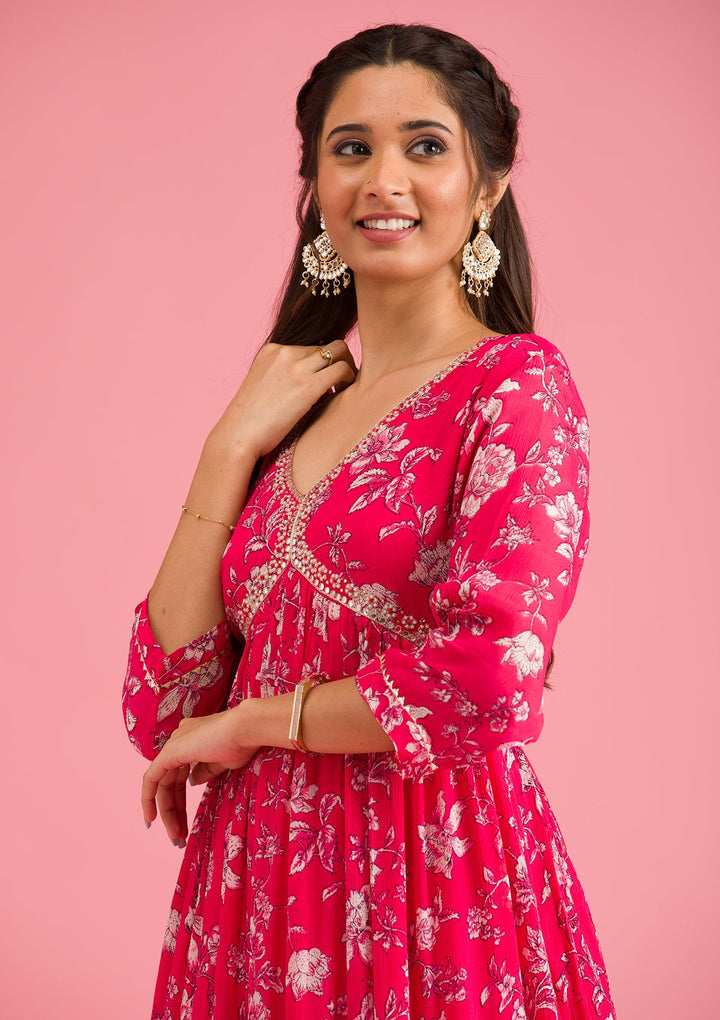Pink Printed Semi Crepe Readymade Salwar Suit-Koskii