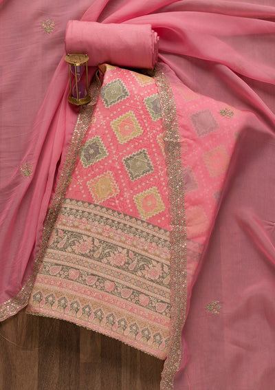 Pink Printed Semi Crepe Unstitched Salwar Suit-Koskii