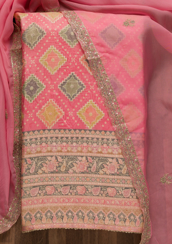 Pink Printed Semi Crepe Unstitched Salwar Suit-Koskii