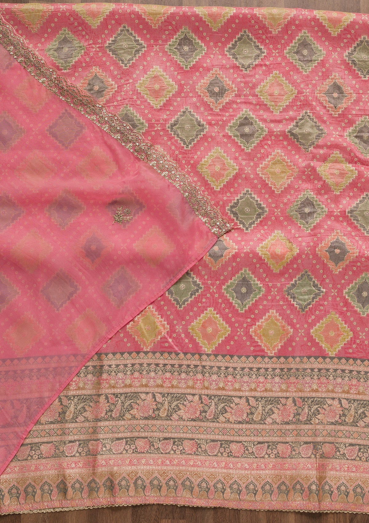 Pink Printed Semi Crepe Unstitched Salwar Suit-Koskii