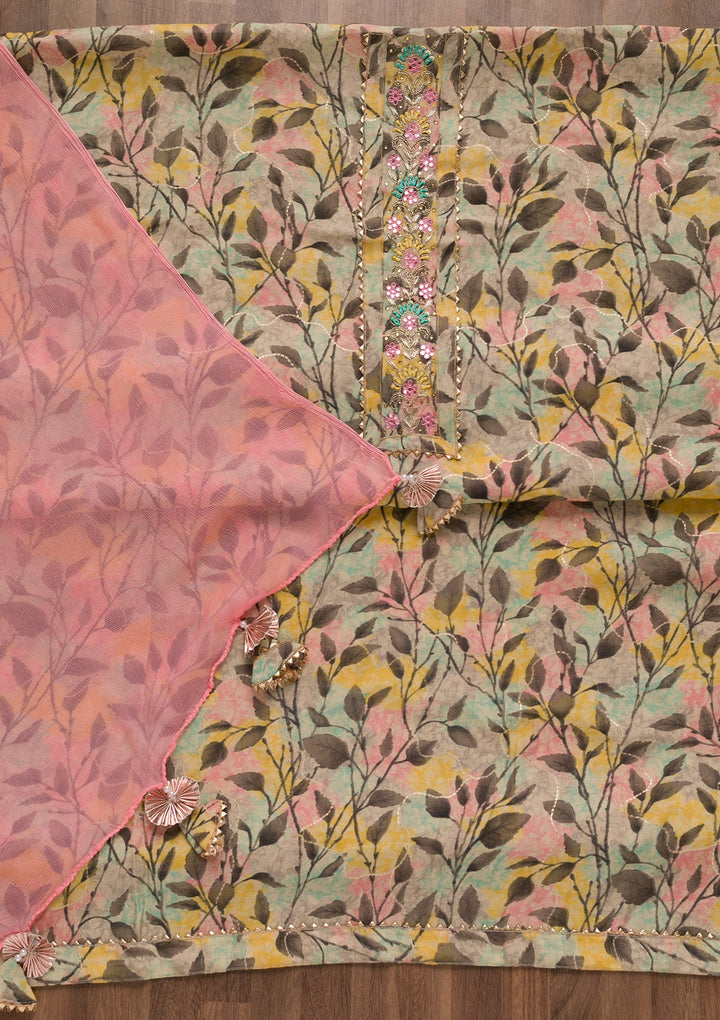 Pink Printed Semi Crepe Unstitched Salwar Suit-Koskii