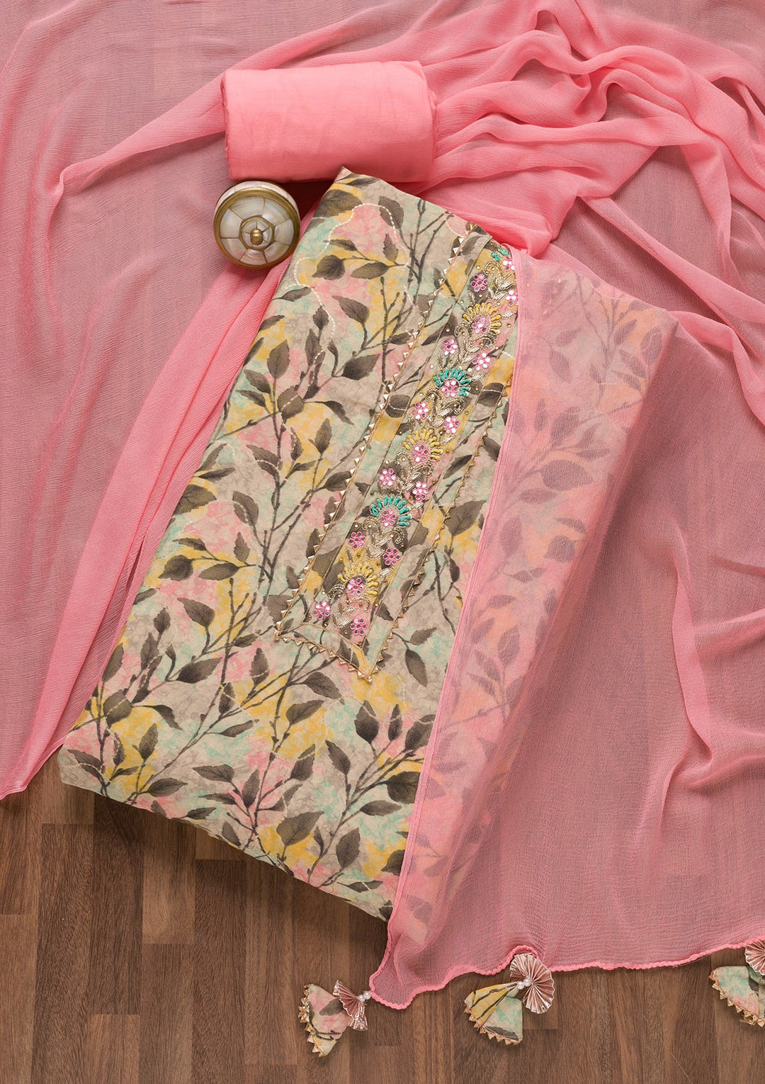 Pink Printed Semi Crepe Unstitched Salwar Suit-Koskii