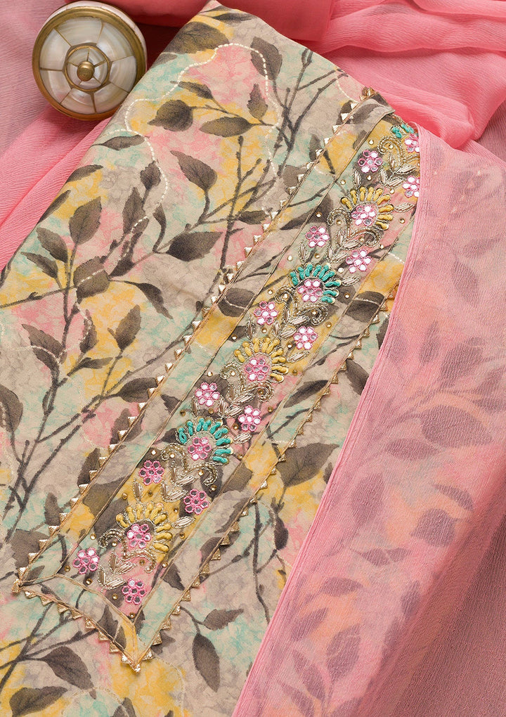 Pink Printed Semi Crepe Unstitched Salwar Suit-Koskii
