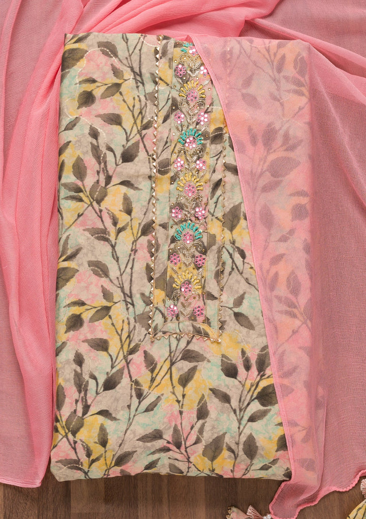 Pink Printed Semi Crepe Unstitched Salwar Suit-Koskii