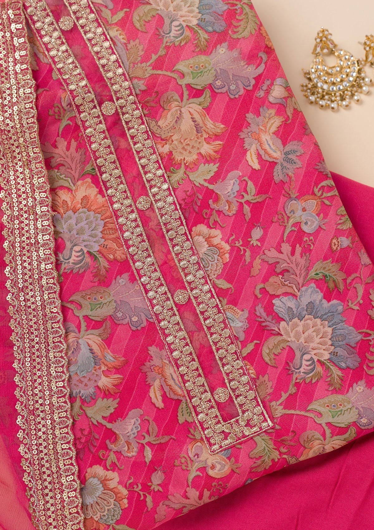 Pink Printed Semi Crepe Unstitched Salwar Suit-Koskii