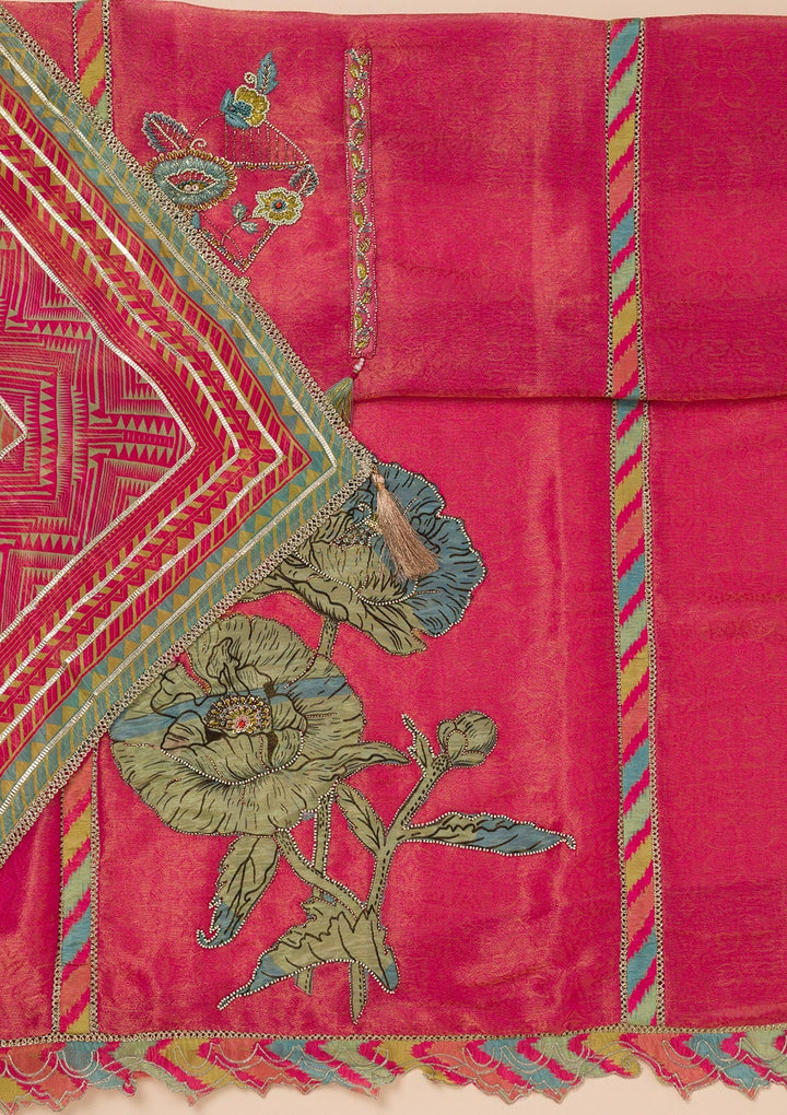 Pink Printed Semi Crepe Unstitched Salwar Suit-Koskii