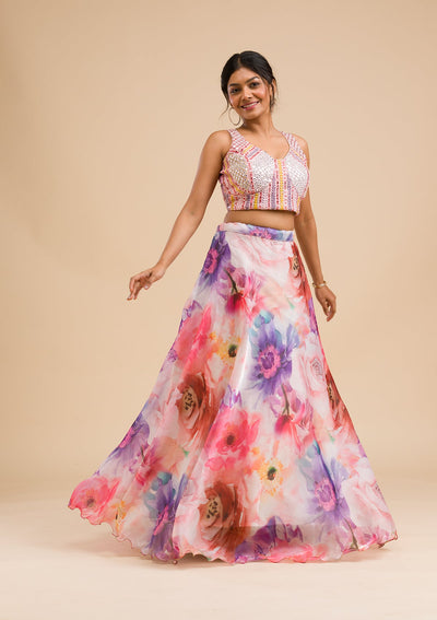 Pink Printed Tissue Readymade Lehenga-Koskii