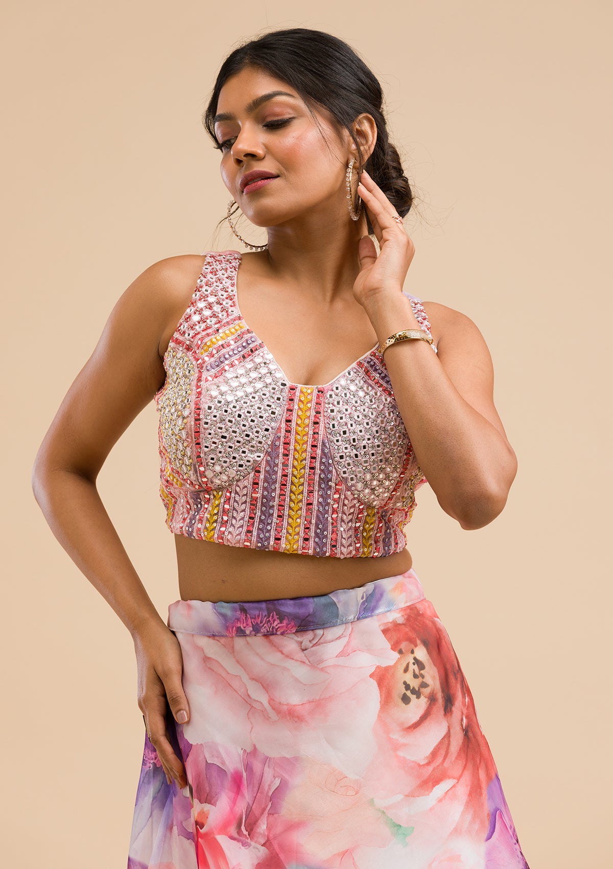 Pink Printed Tissue Readymade Lehenga-Koskii