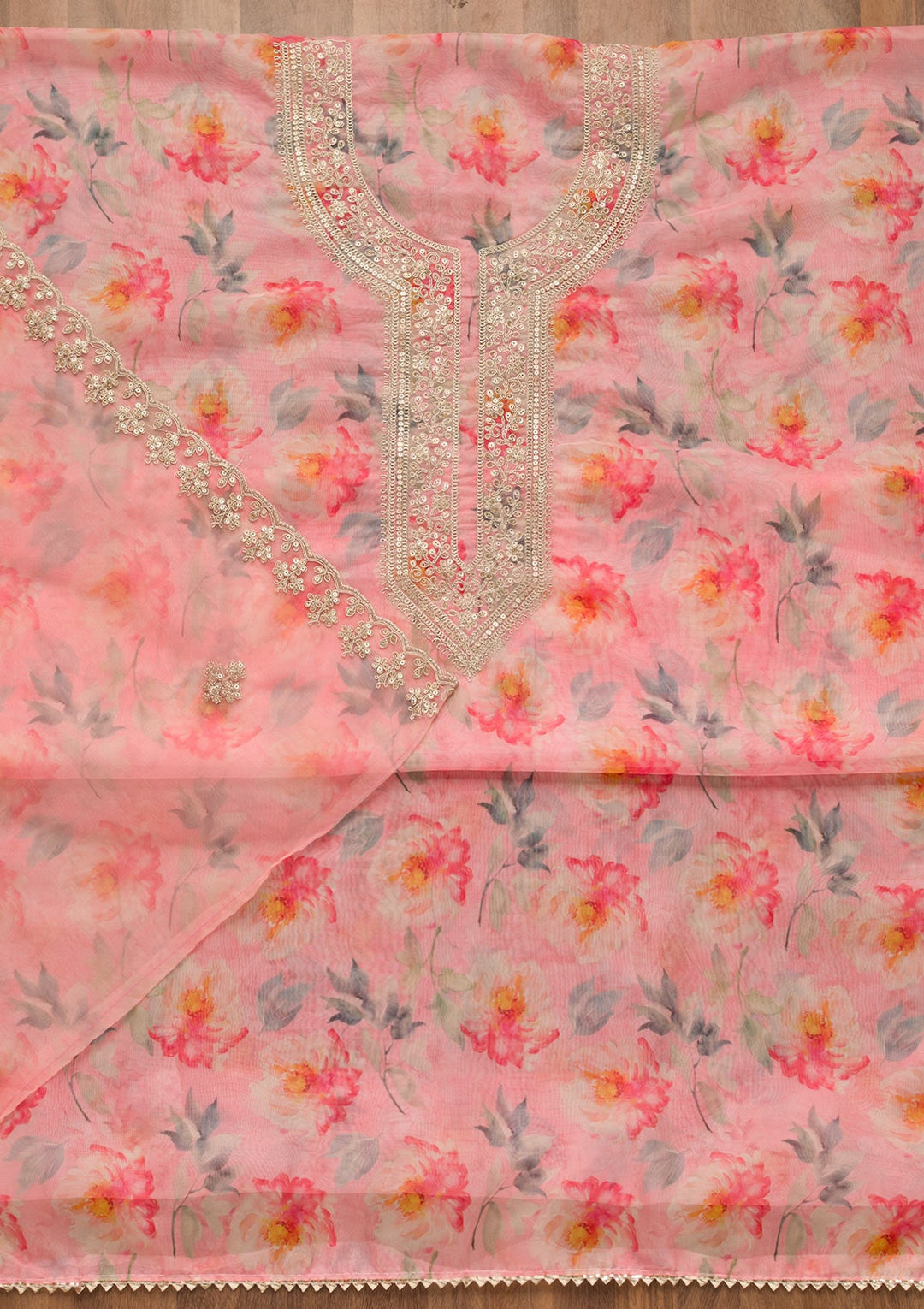 Pink Printed Tissue Unstitched Salwar Suit-Koskii