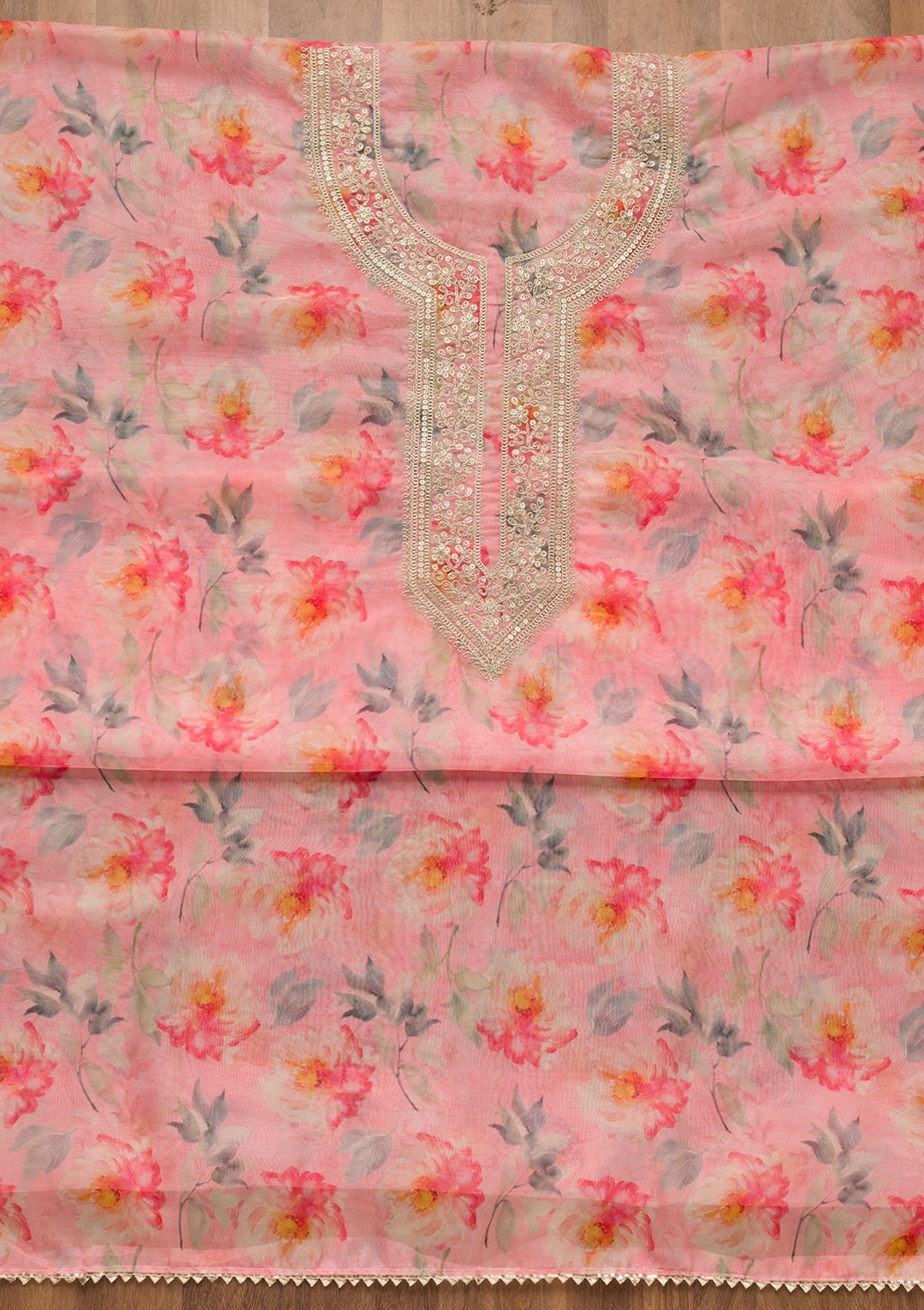 Pink Printed Tissue Unstitched Salwar Suit-Koskii