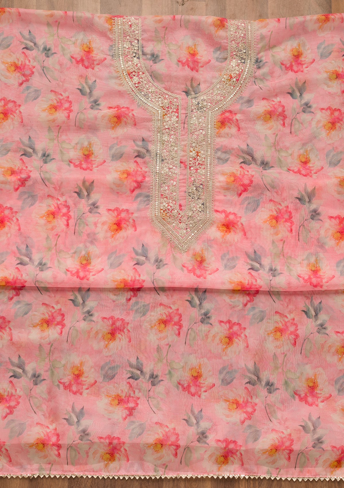 Pink Printed Tissue Unstitched Salwar Suit-Koskii