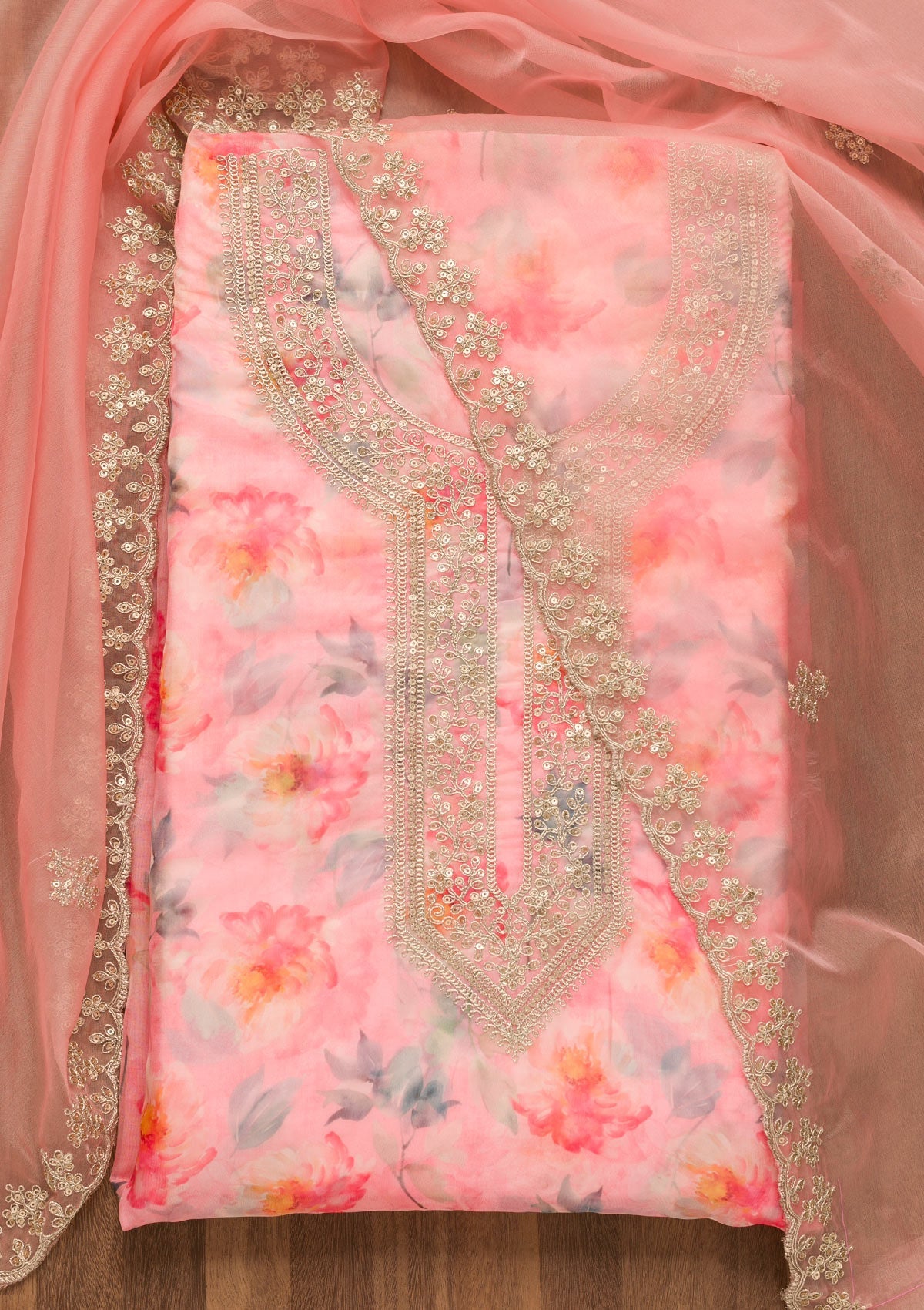 Pink Printed Tissue Unstitched Salwar Suit-Koskii