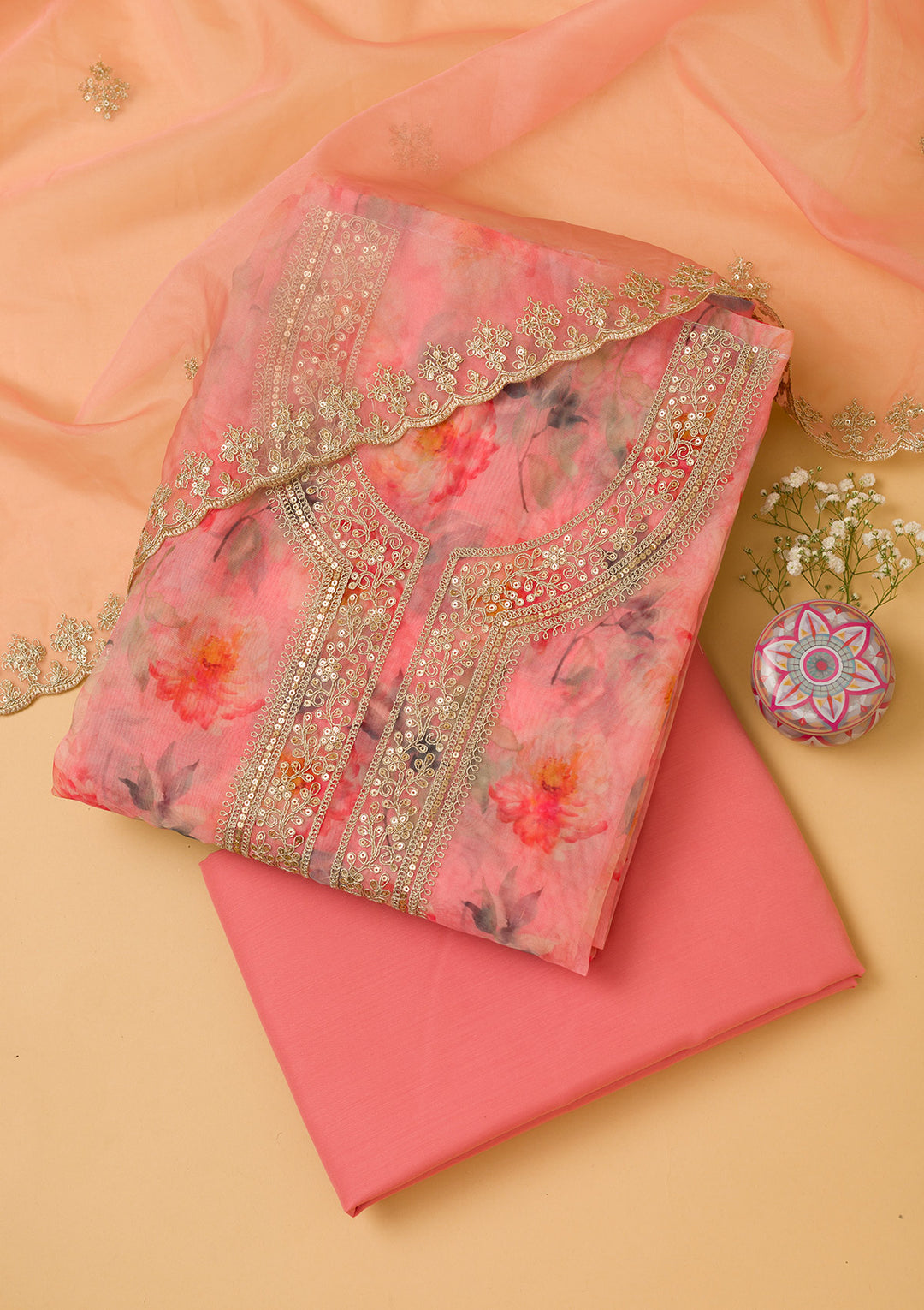 Pink Printed Tissue Unstitched Salwar Suit