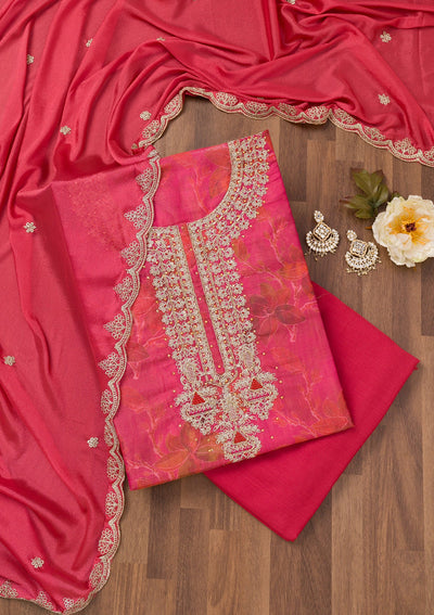 Pink Printed Tissue Unstitched Salwar Suit-Koskii