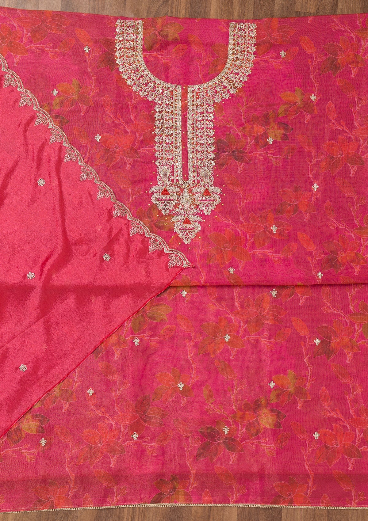 Pink Printed Tissue Unstitched Salwar Suit-Koskii