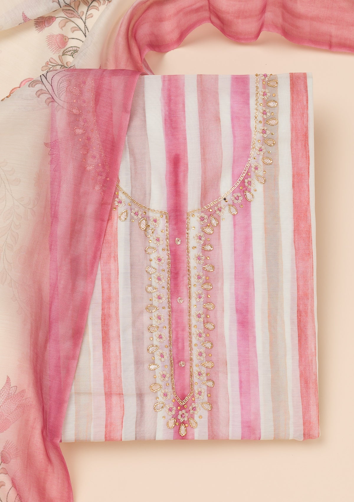 Pink Printed Tissue Unstitched Salwar Suit-Koskii