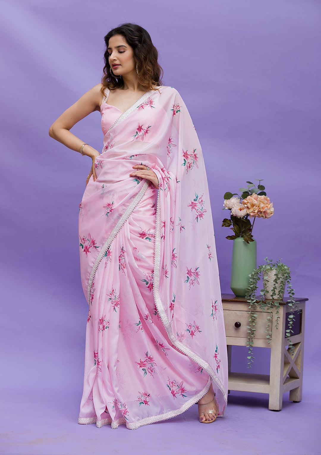 Pista Green Sequins Chiffon Designer Saree-Koskii