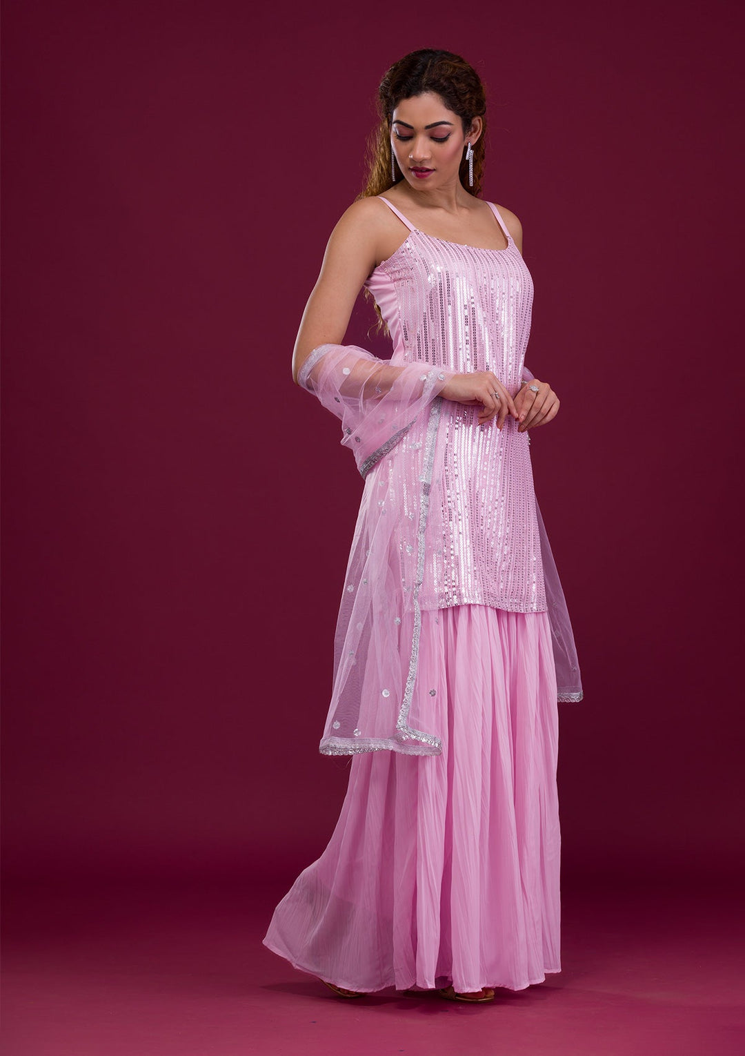 Pink Sequins Georgette Readymade Salwar Kameez-Koskii