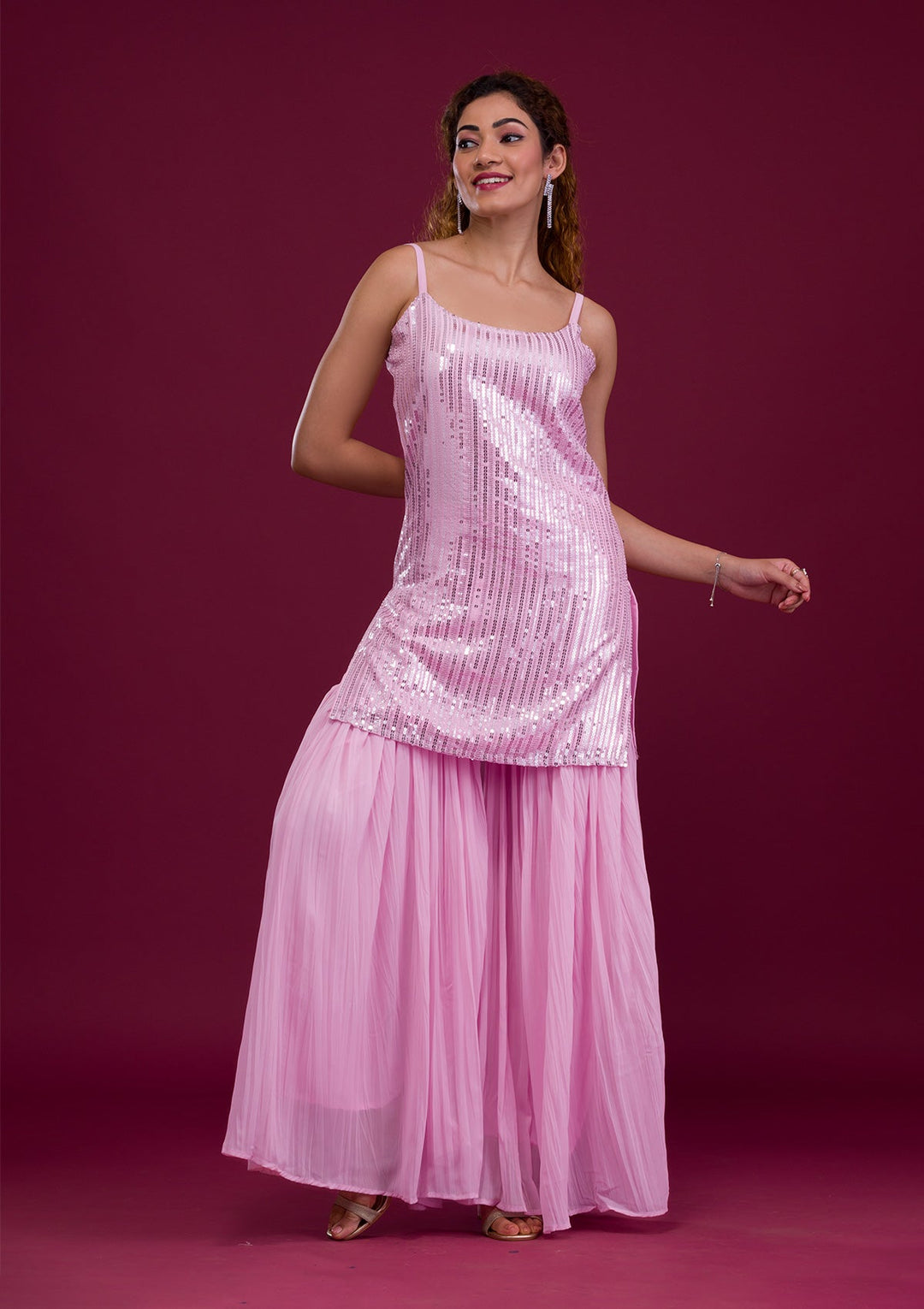 Pink Sequins Georgette Readymade Salwar Kameez-Koskii