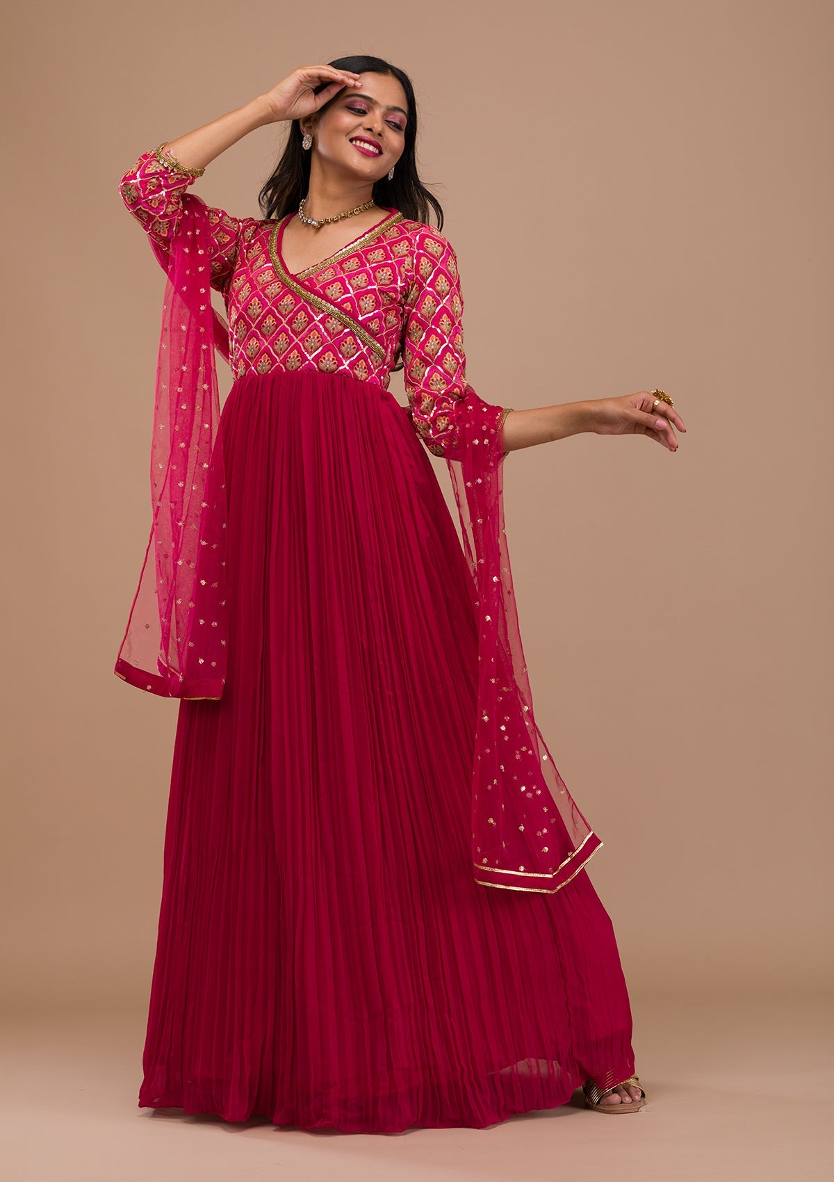 Pink Sequins Georgette Readymade Salwar Suit-Koskii
