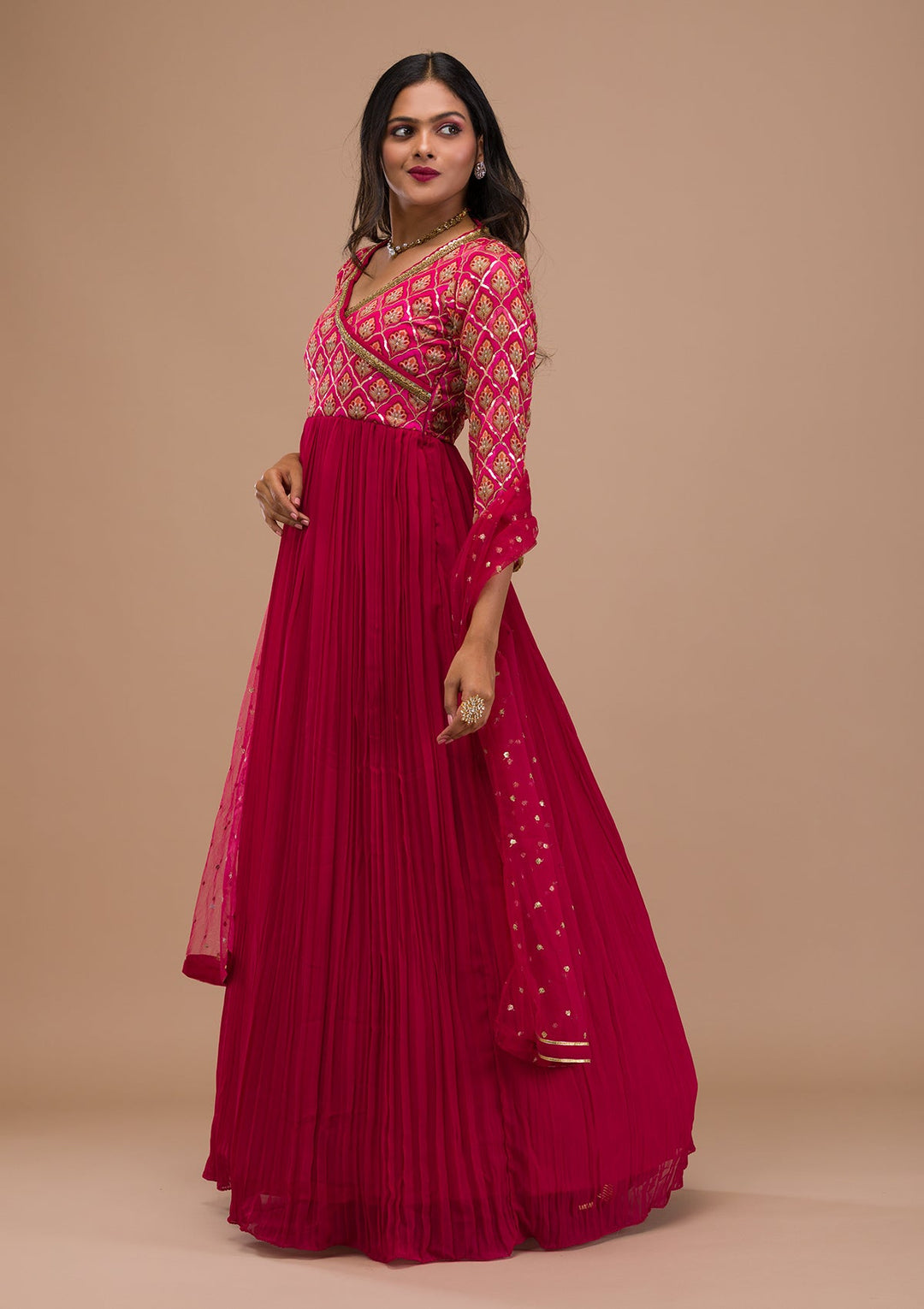 Pink Sequins Georgette Readymade Salwar Suit-Koskii