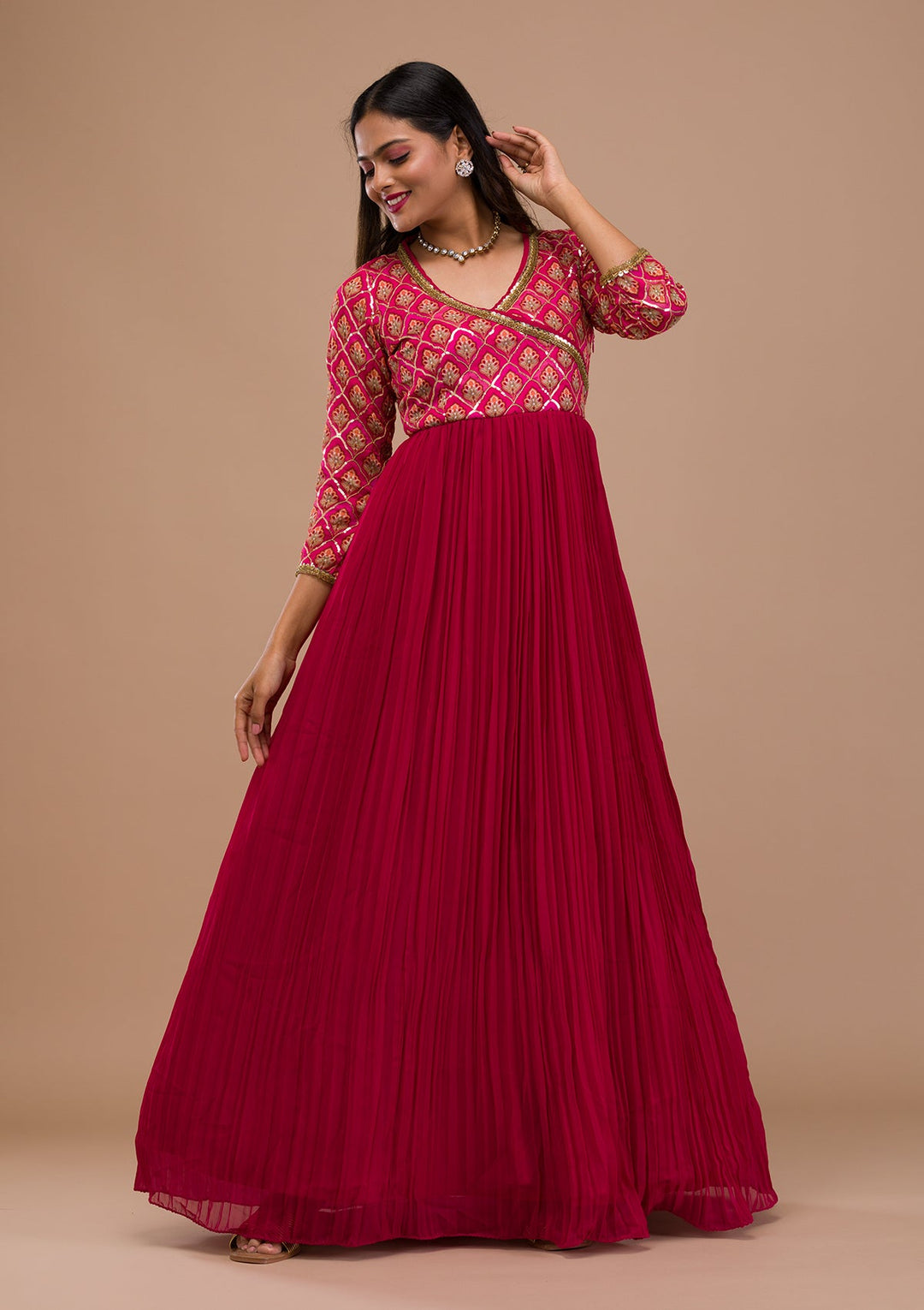 Pink Sequins Georgette Readymade Salwar Suit-Koskii