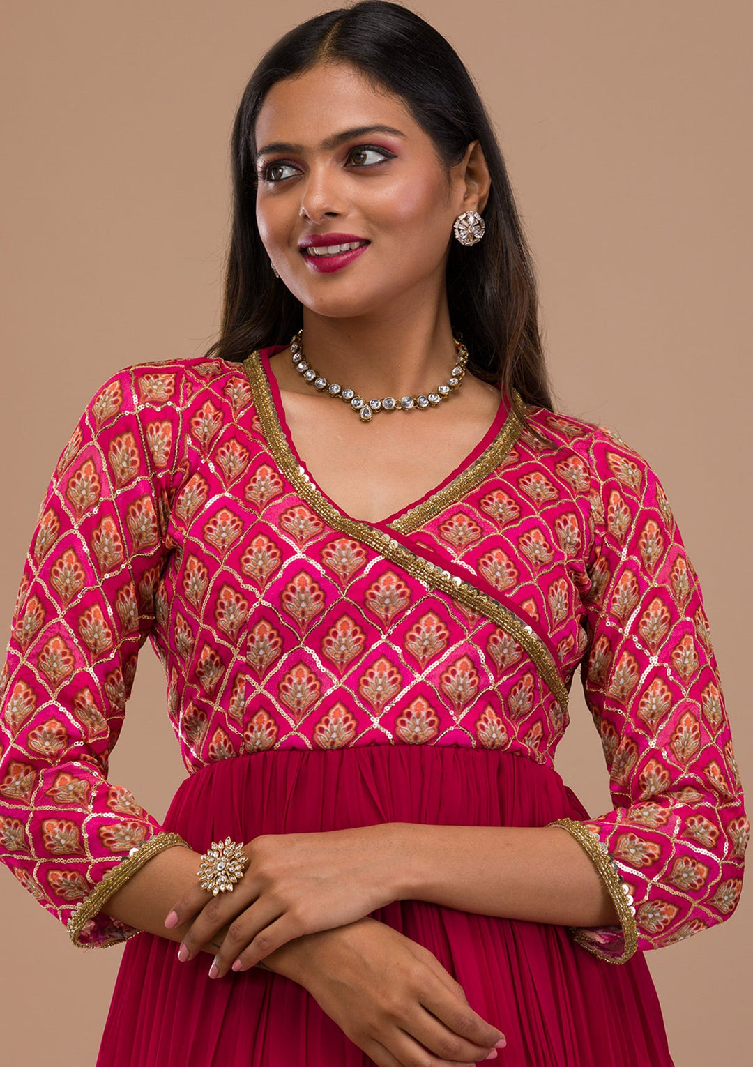 Pink Sequins Georgette Readymade Salwar Suit-Koskii