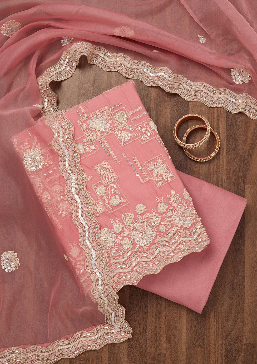 Pink Sequins Georgette Unstitched Salwar Suit-Koskii