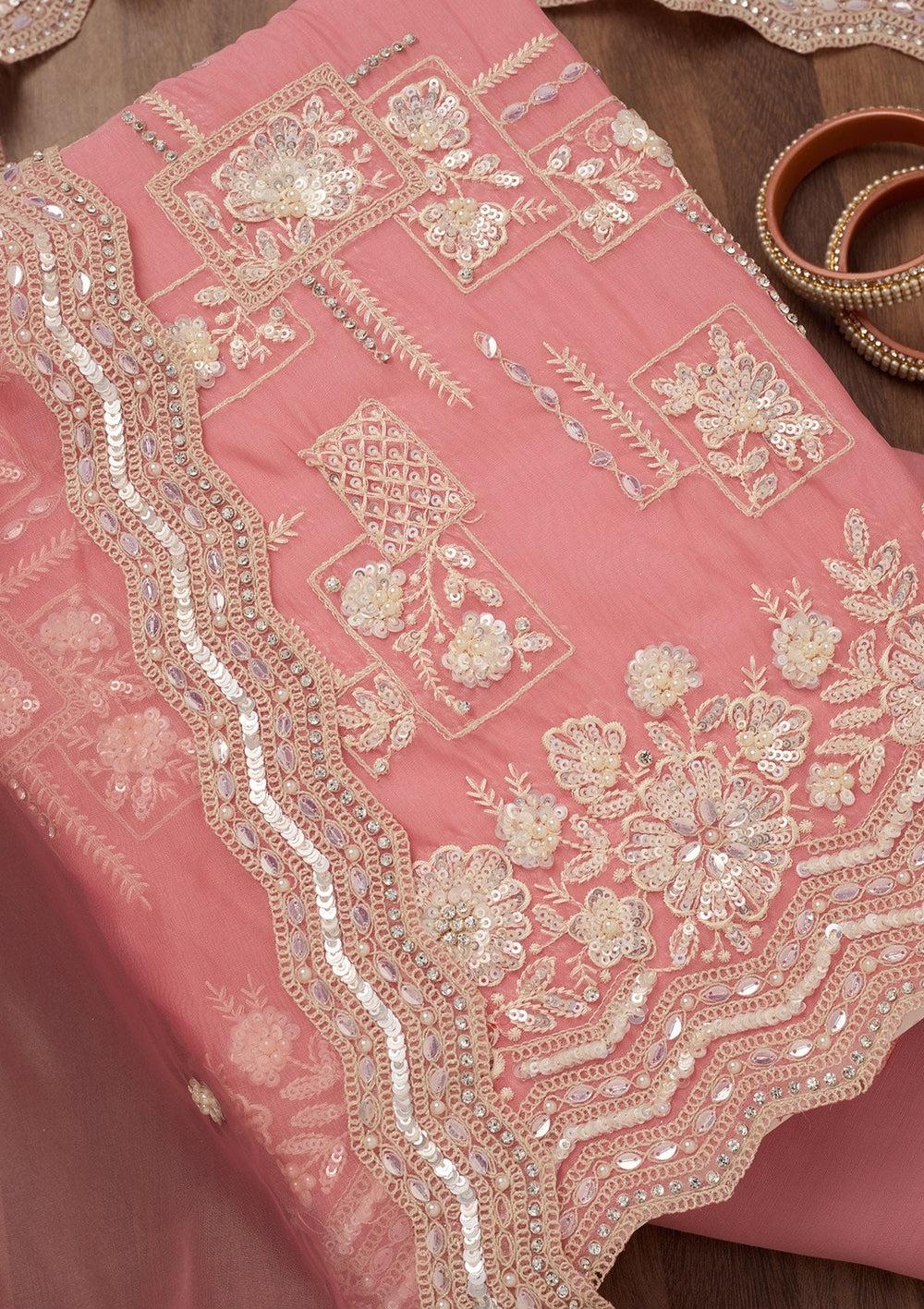 Pink Sequins Georgette Unstitched Salwar Suit-Koskii