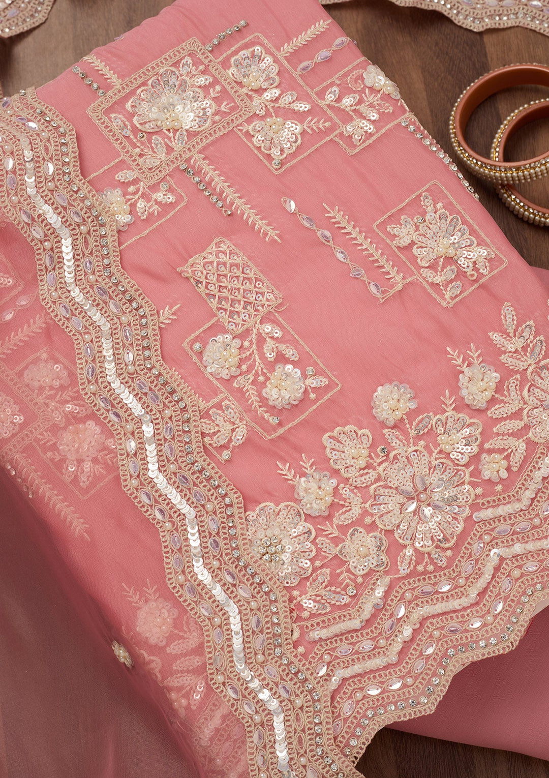 Pink Sequins Georgette Unstitched Salwar Suit-Koskii