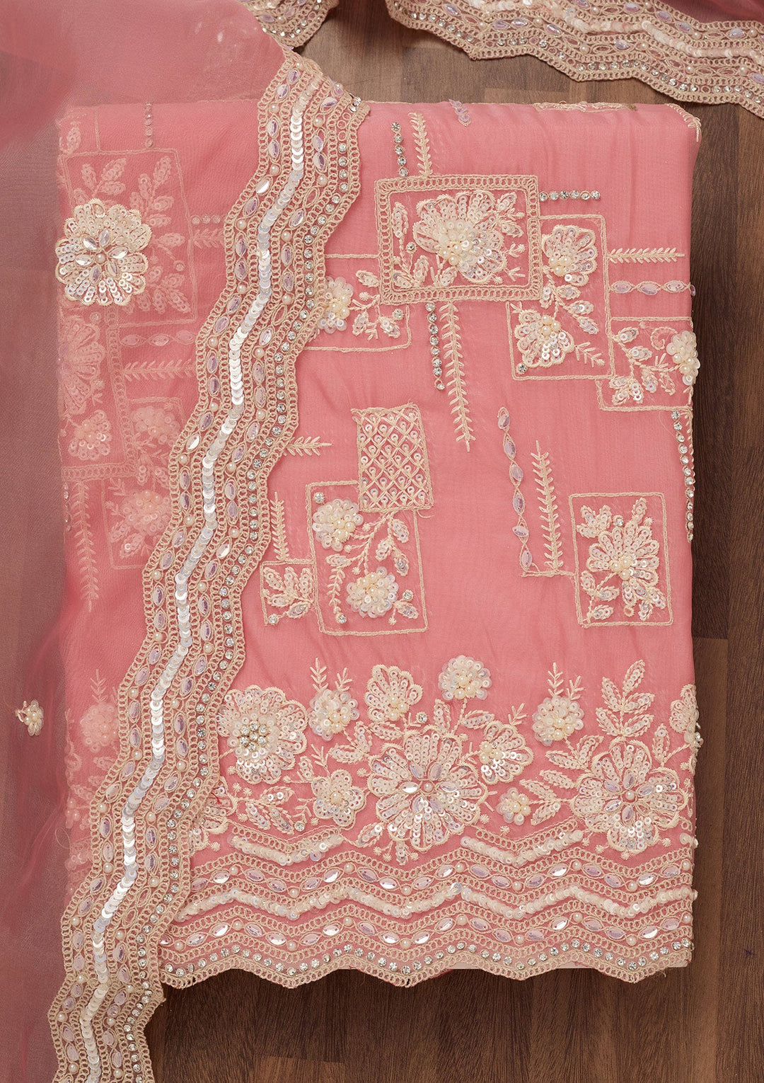 Pink Sequins Georgette Unstitched Salwar Suit-Koskii