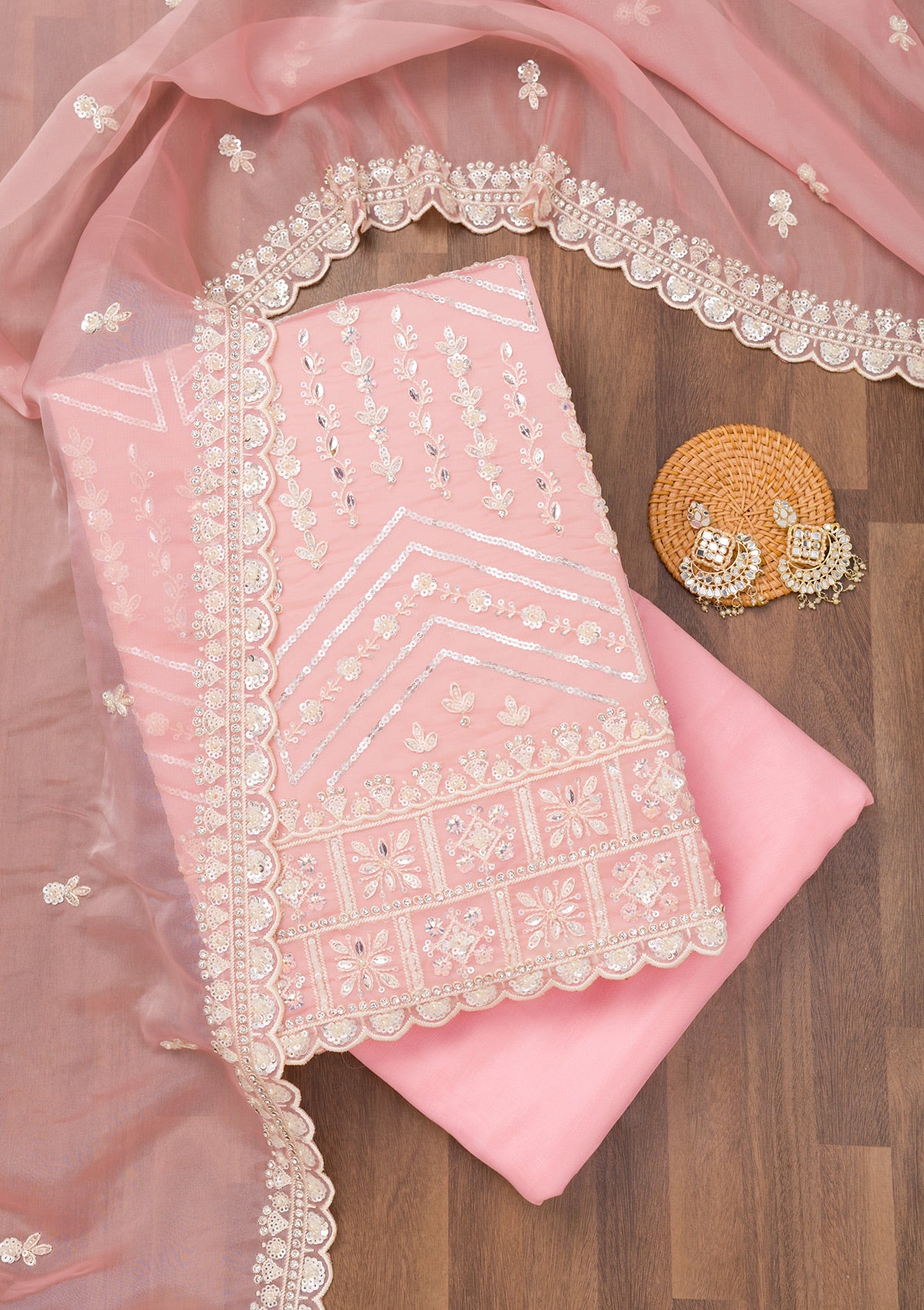 Pink Sequins Georgette Unstitched Salwar Suit-Koskii