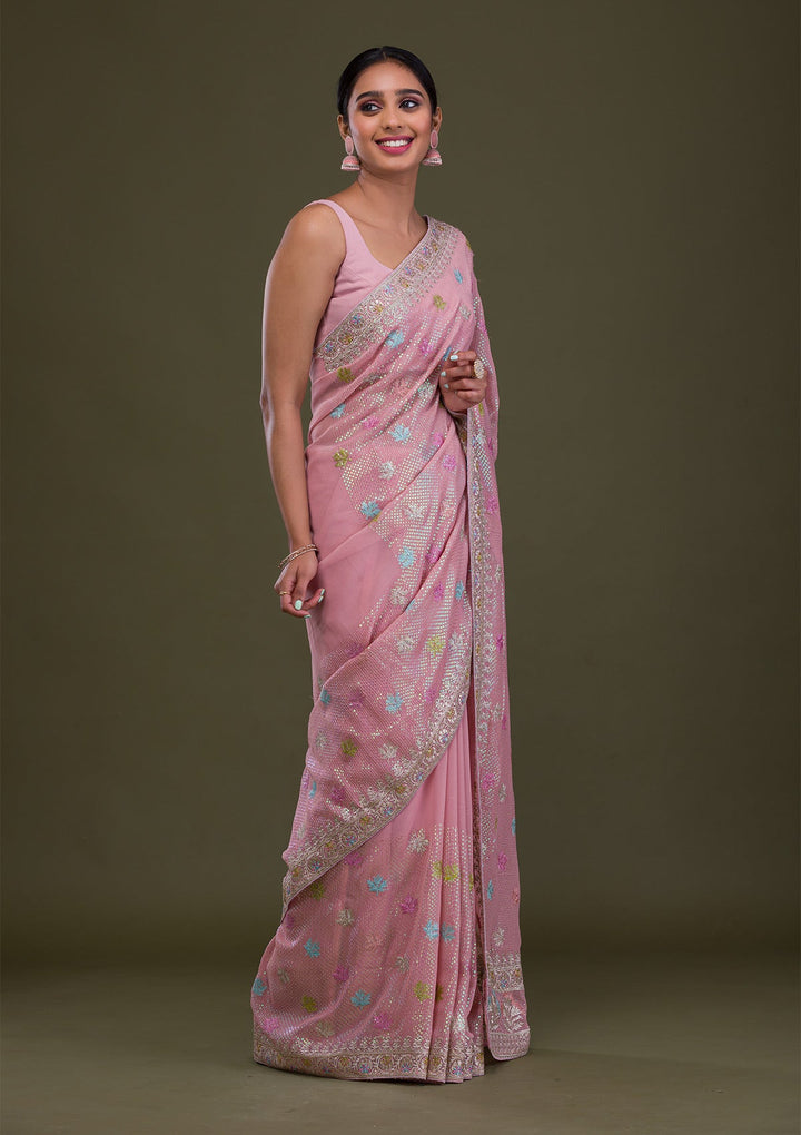 Pink Sequins Georgette Saree-Koskii