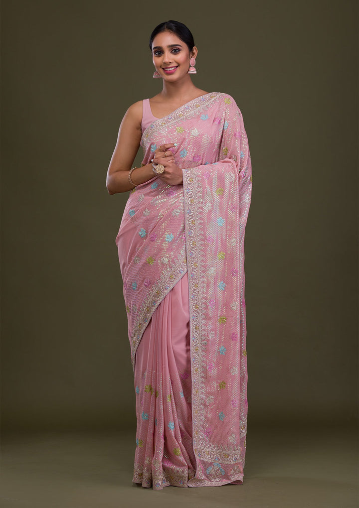 Pink Sequins Georgette Saree-Koskii