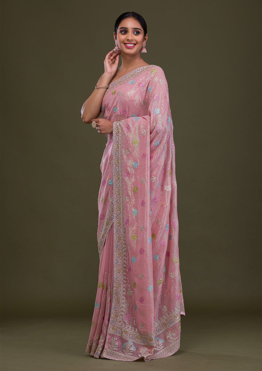 Pink Sequins Georgette Saree-Koskii