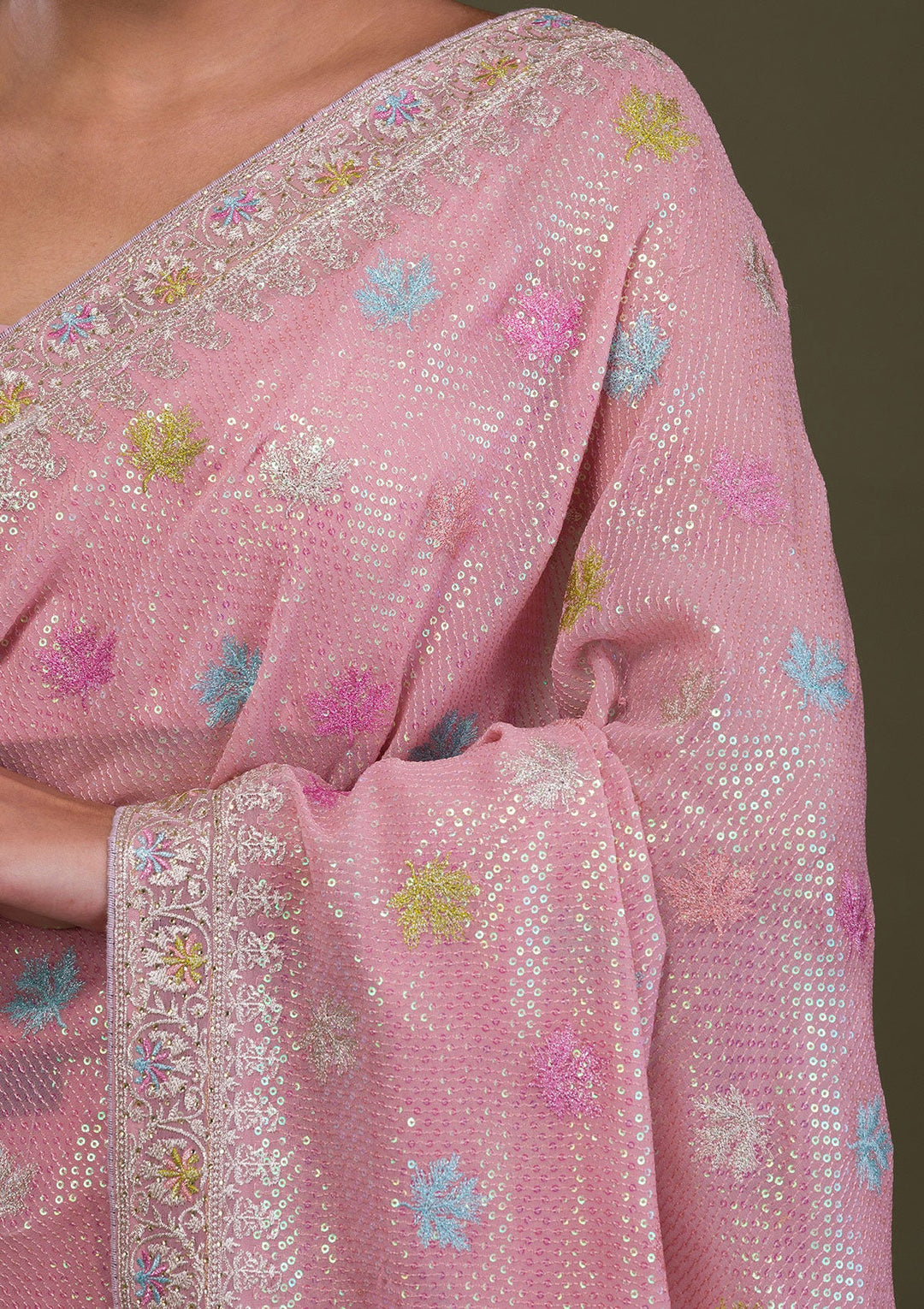 Pink Sequins Georgette Saree-Koskii