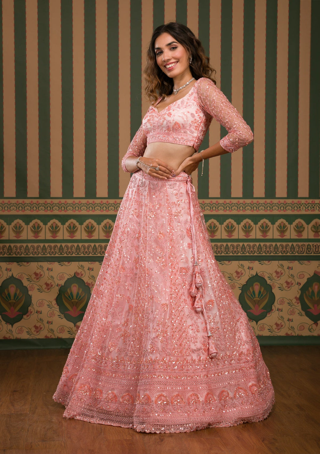 Pink Sequins Net Semi Stitched Lehenga