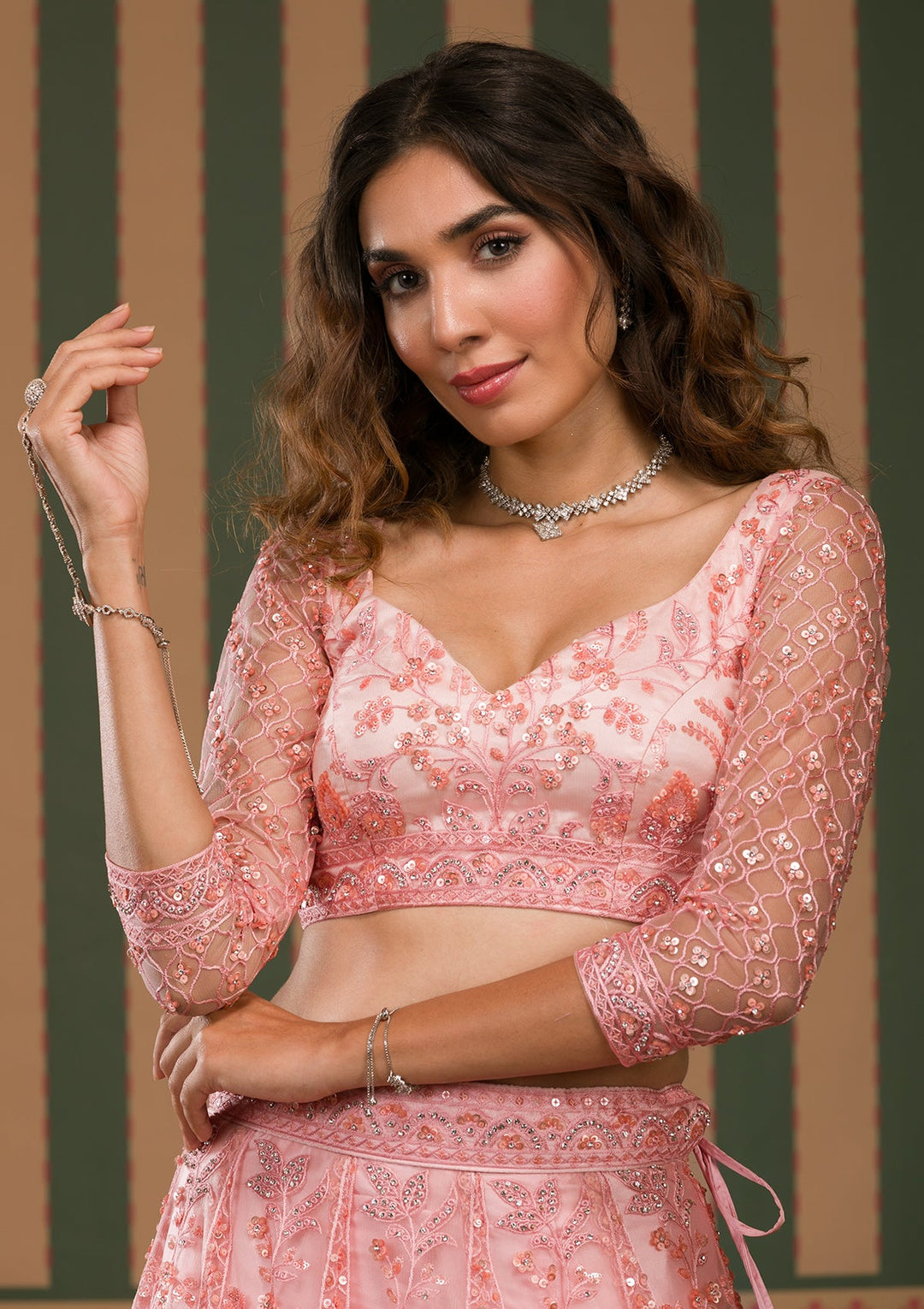 Pink Sequins Net Semi Stitched Lehenga