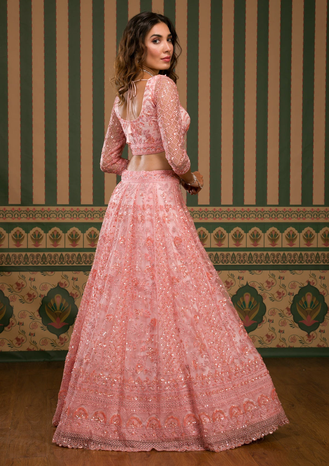Pink Sequins Net Semi Stitched Lehenga