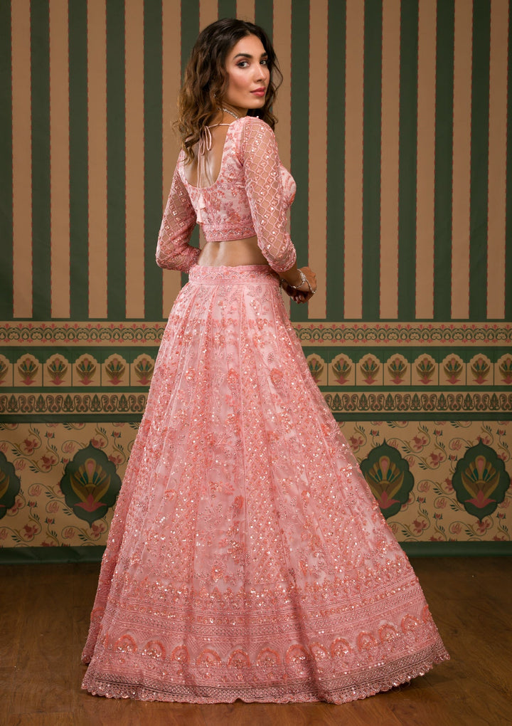 Pink Sequins Net Semi Stitched Lehenga