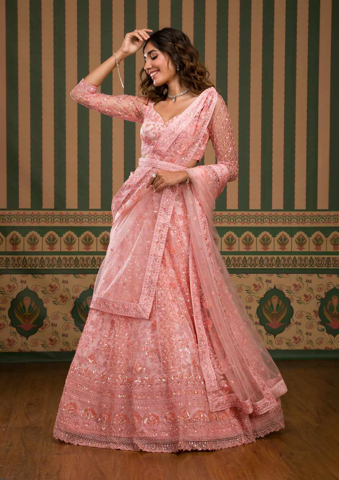 Pink Sequins Net Semi Stitched Lehenga