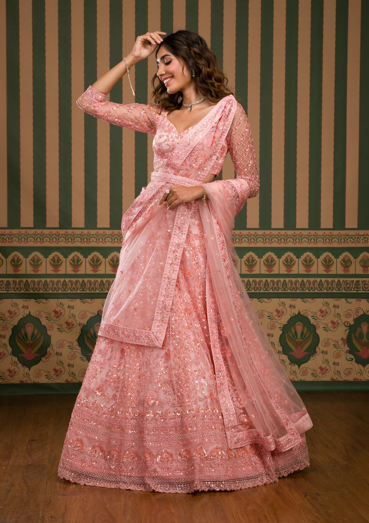 Pink Sequins Net Semi Stitched Lehenga
