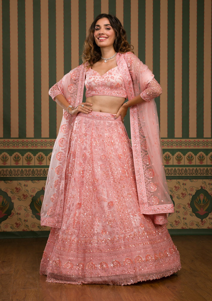 Pink Sequins Net Semi Stitched Lehenga