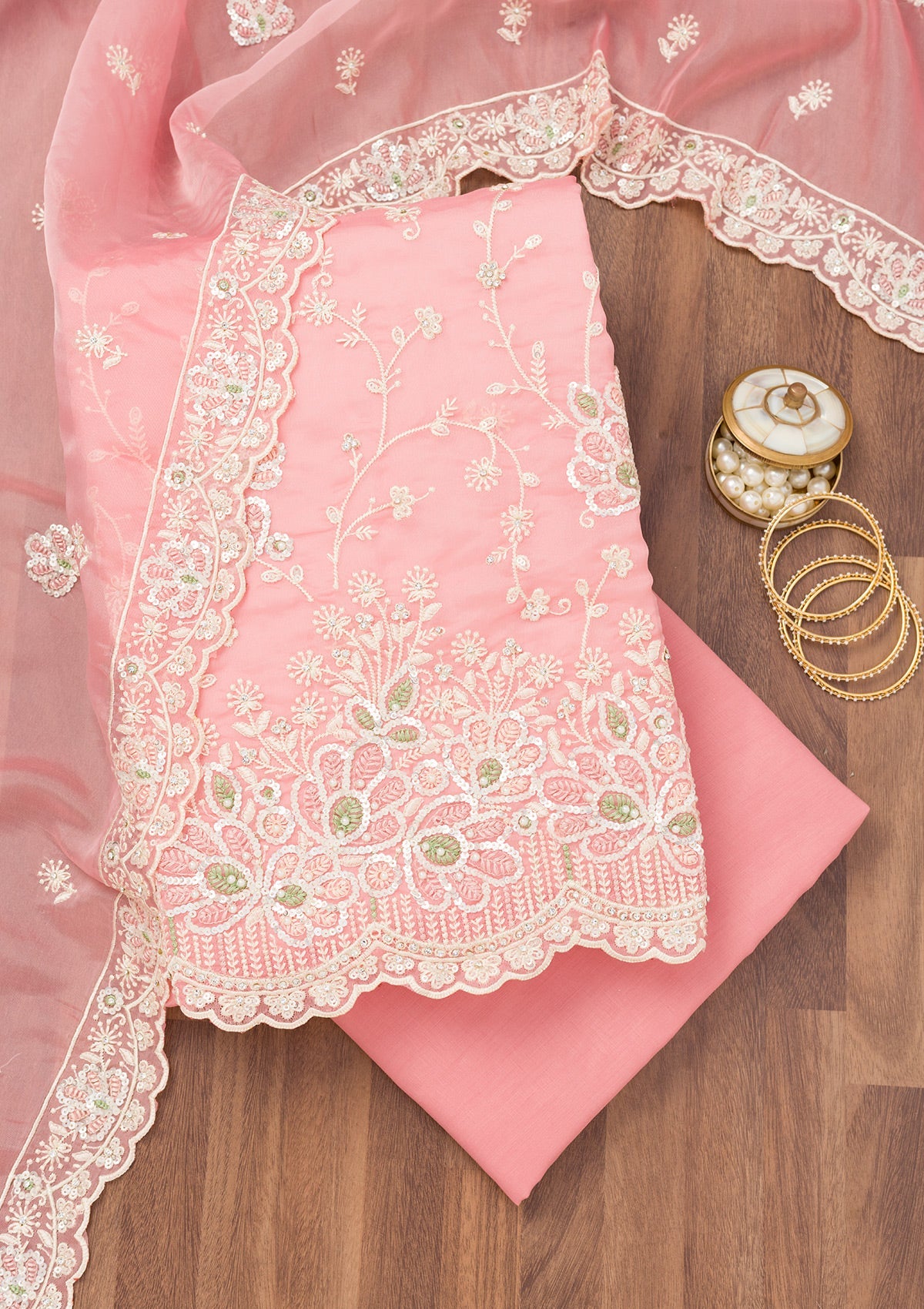 Pink Sequins Organza Unstitched Salwar Suit-Koskii